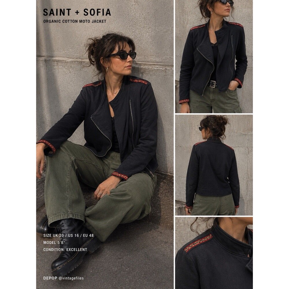 Saint + Sofia Organic Cotton Moto Jacket UK 20 US 16 Black Asymmetrical Zip